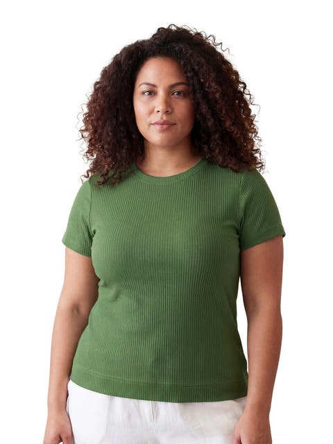 Curvy Basic Ribbed Knit Round Neck Short Sleeve Top
