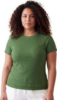 24seven Comfort Apparel Curvy Basic Ribbed Knit Round Neck Short Sleeve Top
