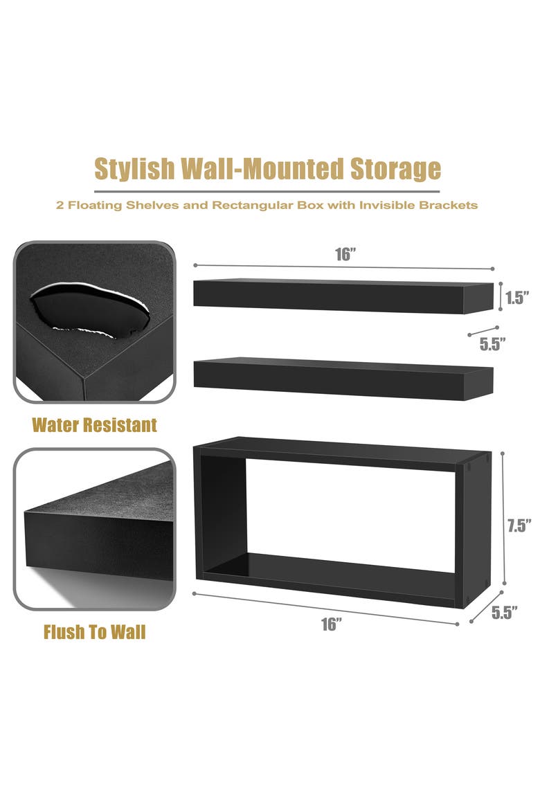 Set of 3 Floating Shelves, Alternate, color, BLACK
