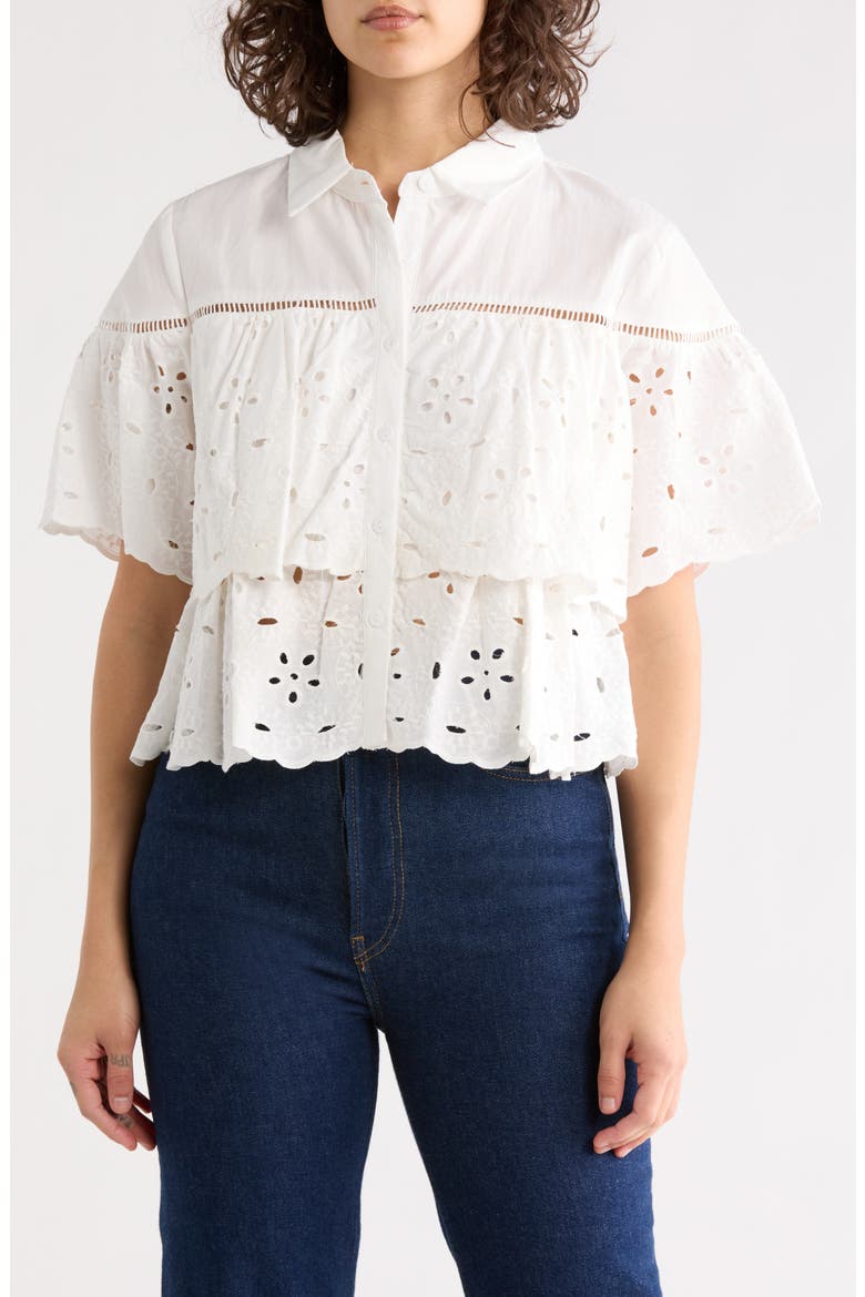 Cotton Eyelet Button-Up Shirt, Main, color, WHITE