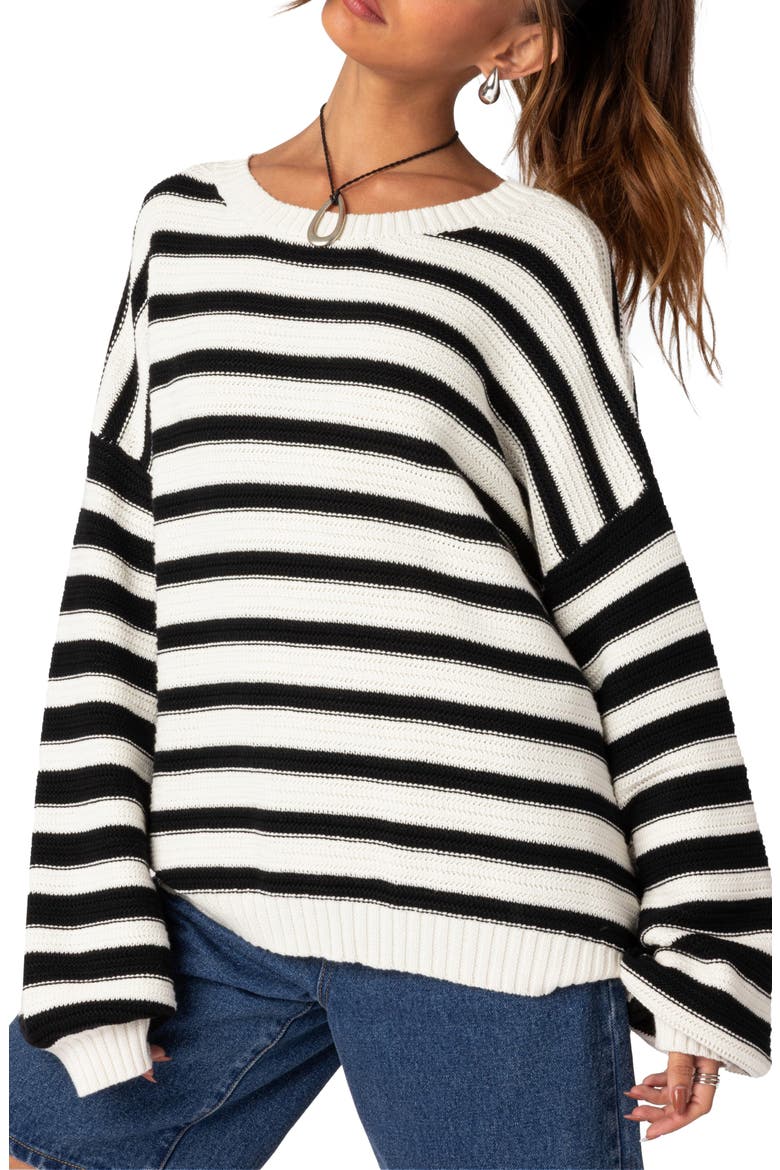 Oversize Stripe Cotton Sweater, Main, color, BLACK-AND-WHITE