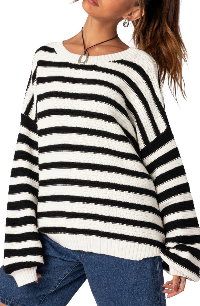 EDIKTED Oversize Stripe Cotton Sweater, Main, color, Black-And-White