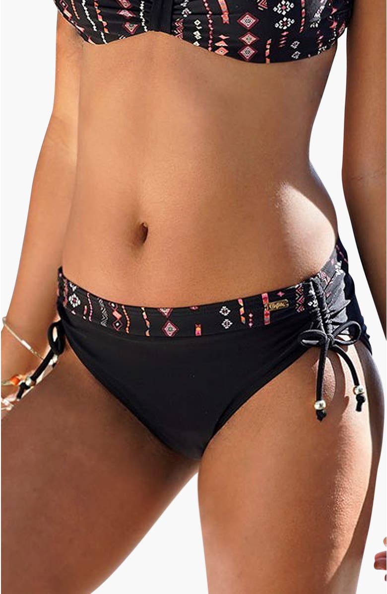 LASCANA Women's Side Tie Mid Rise Bikini Bottom, Main, color, Black Printed