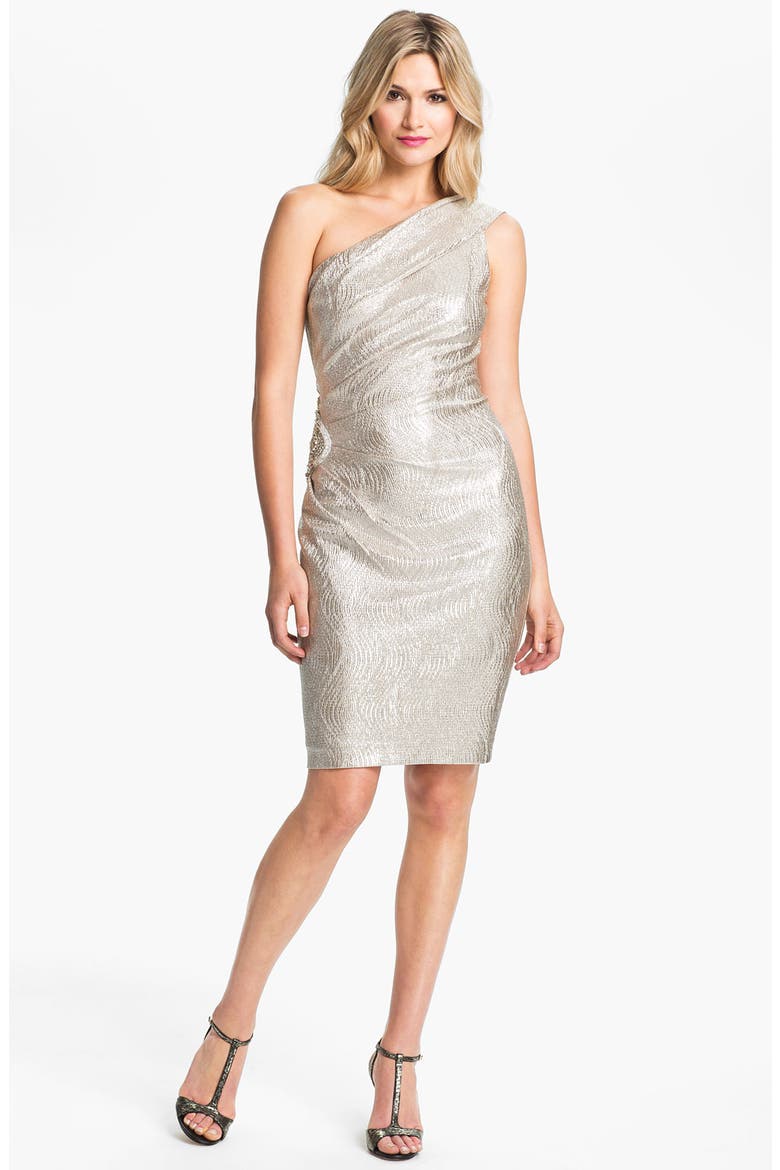 One Shoulder Beaded Patch Metallic Sheath Dress, Main, color, GOLD