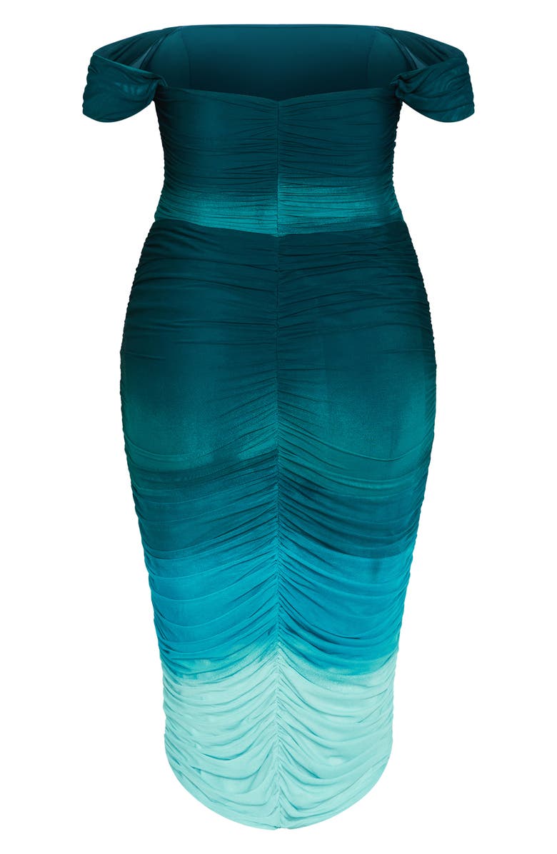 City Chic Ombré Ruched Square Neck Cap Sleeve Dress, Alternate, color, Sea Ombre