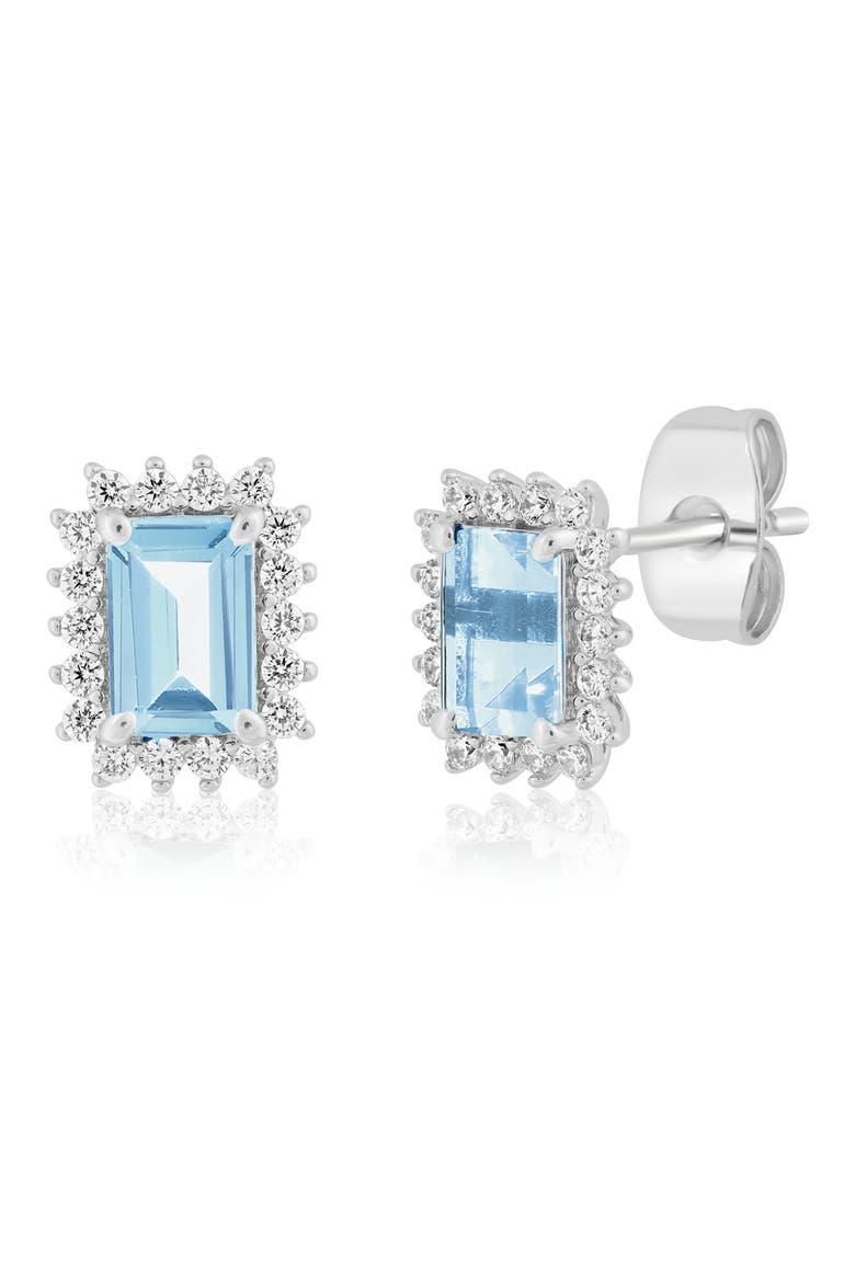 Radiant Cut Cubic Zirconia Halo Stud Earrings, Main, color, AQUAMARINE