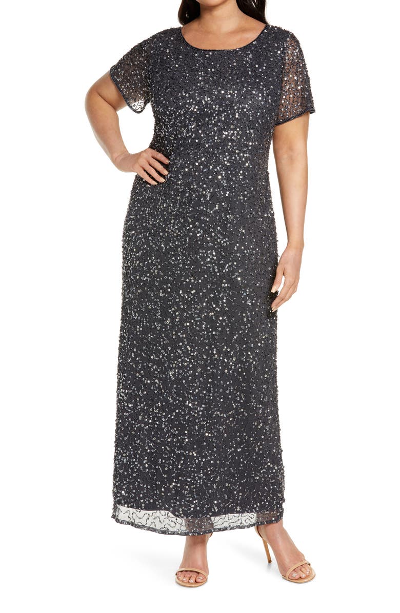 Pisarro Nights Short Sleeve Beaded Evening Dress, Main, color,