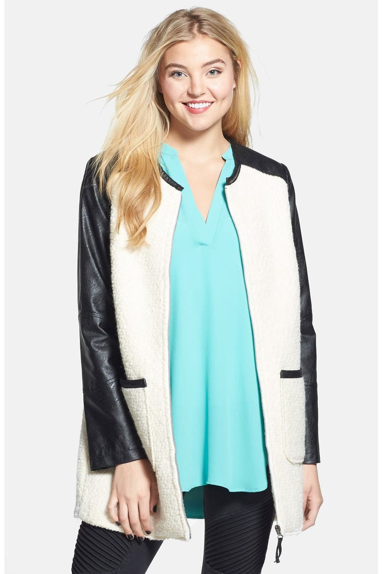Colorblock Faux Leather Bouclé Knit Coat, Alternate, color, IVORY