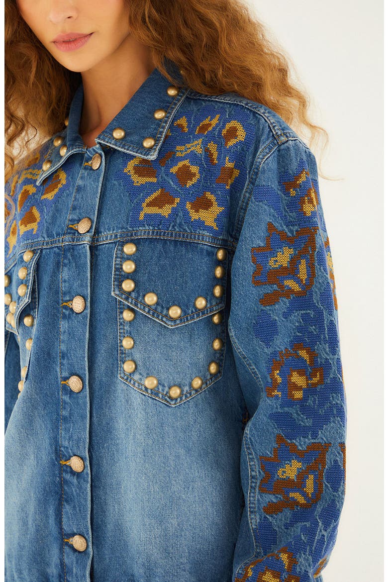 Embroidered Studded Denim Jacket, Alternate, color, DENIM