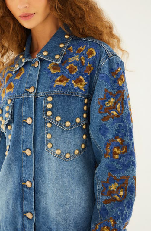 Farm Rio Embroidered Studded Denim Jacket In Blue