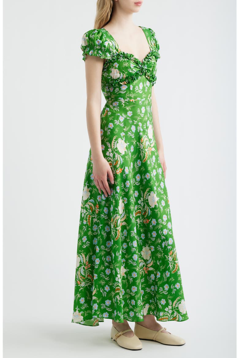 Valerine Print Ruffle Silk Blend Maxi Dress, Alternate, color, EMERALD HOLLYHOCK HILLS