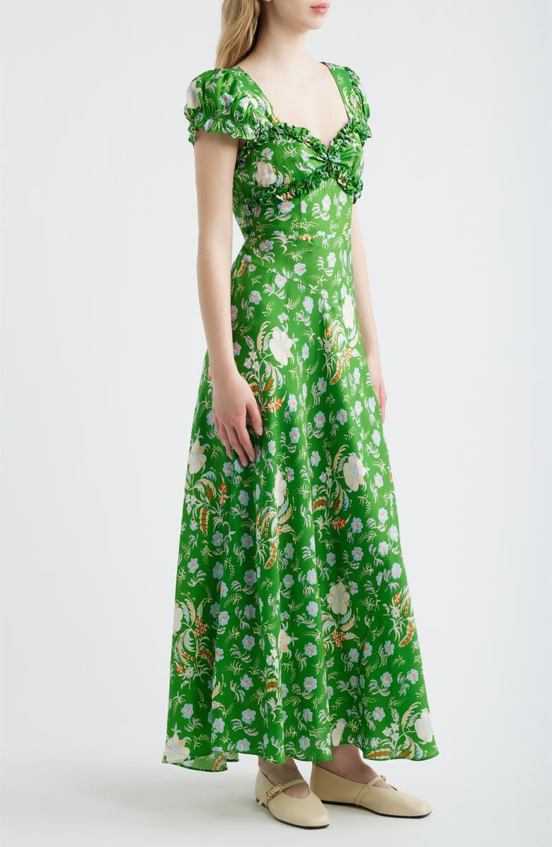 DÔEN Valerine Print Ruffle Silk Blend Maxi Dress, Alternate, color, Emerald Hollyhock Hills