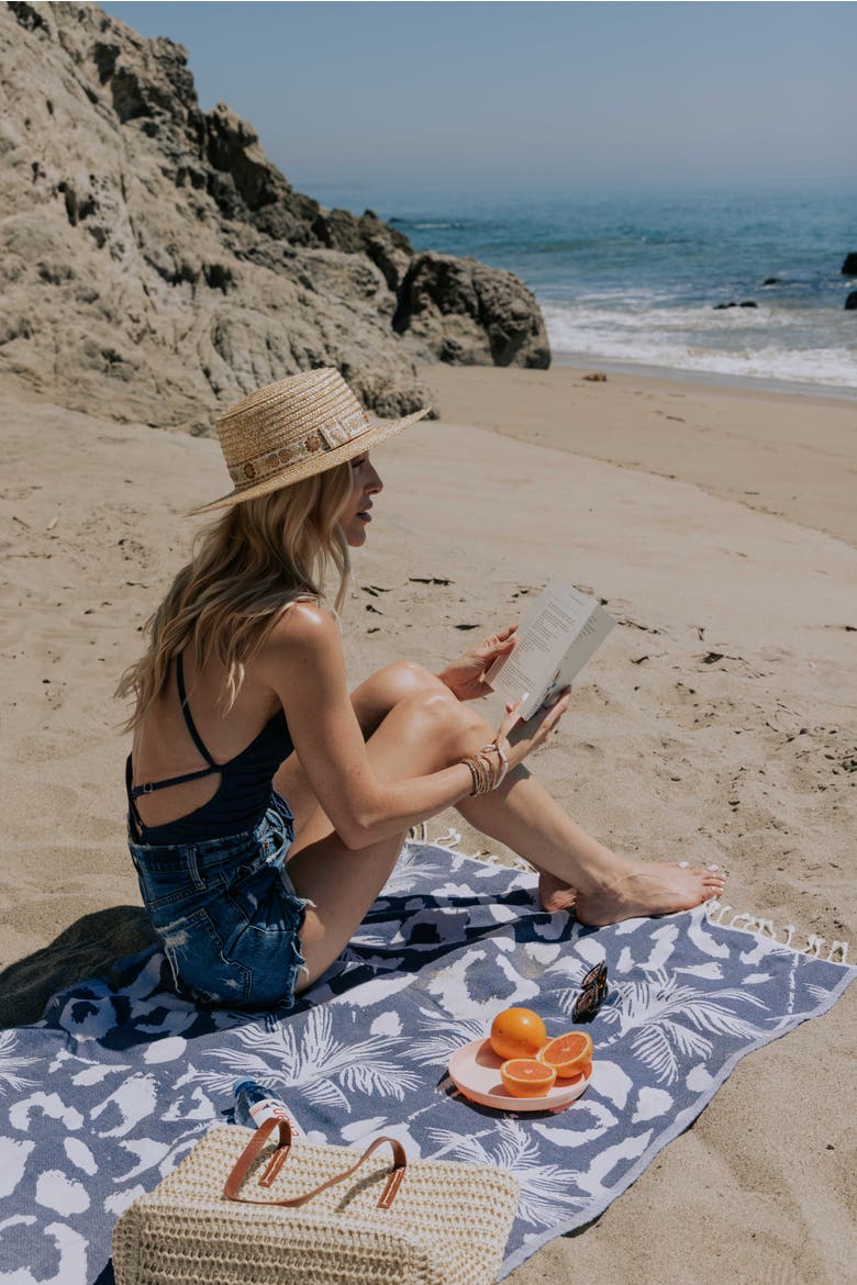 Leopard Palm Organic Turkish Towel, Alternate, color, Navy