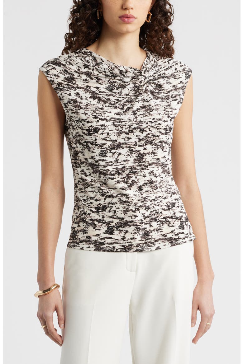 Twist Front Cap Sleeve Top, Main, color, IVORY- BROWN TEXTURAL