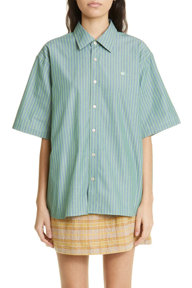 Sarlie Stripe Short Sleeve Cotton Button-Up Shirt, Alternate, color, JADE GREEN/ BLUE