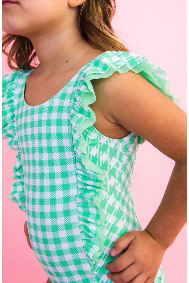 Kids' Periwinkle Blue Gingham One-Piece Swimsuit, Alternate, color, GREEN