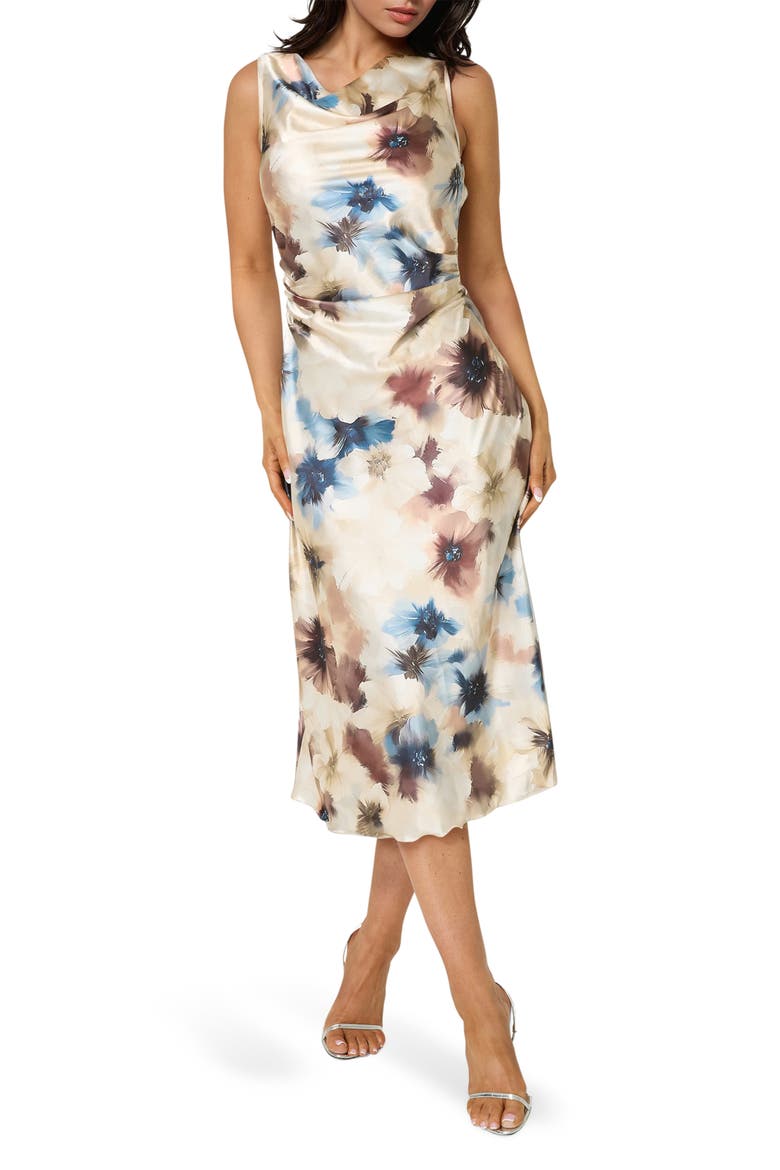 Floral Cowl Neck Sleeveless Satin Midi Dress, Main, color, BLUETAN