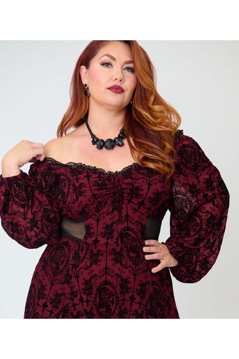 Plus Size Sheer Spiderweb Godet Maxi Dress, Alternate, color, Red Swirling Floral Print