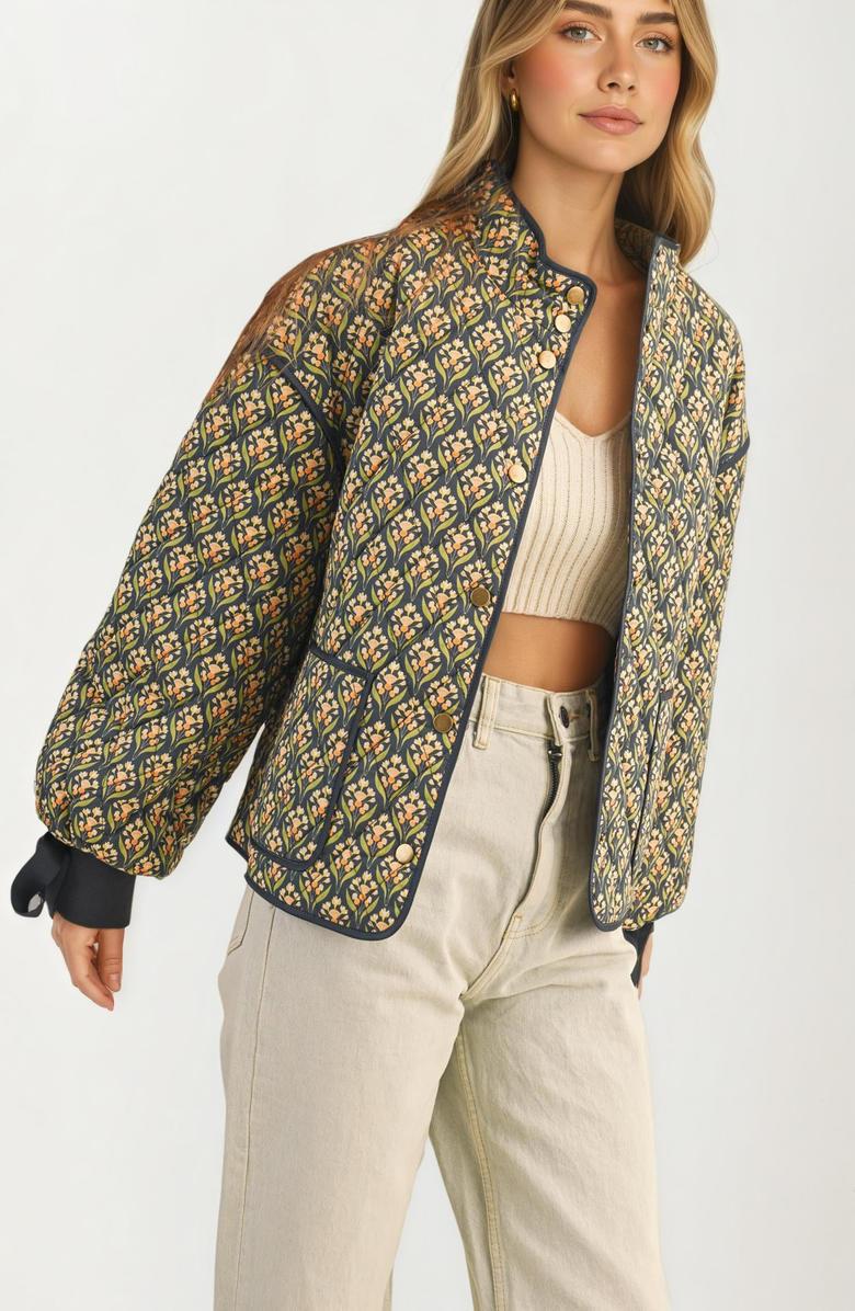 Knit and Lounge Floral Quilted Ribbon Open Front Jacket, Alternate, color, 