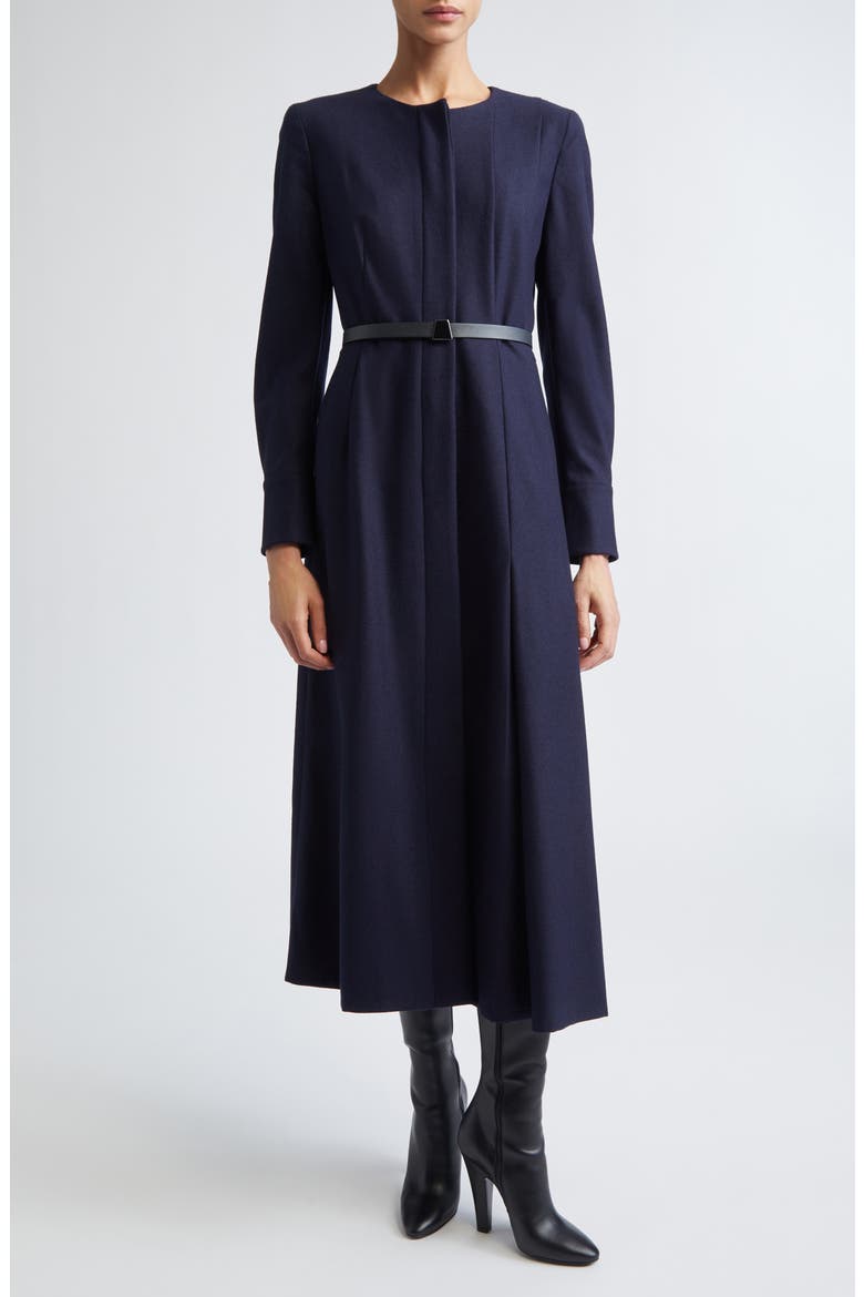 Belted Long Sleeve Wool Flannel Dress, Main, color, NAVY