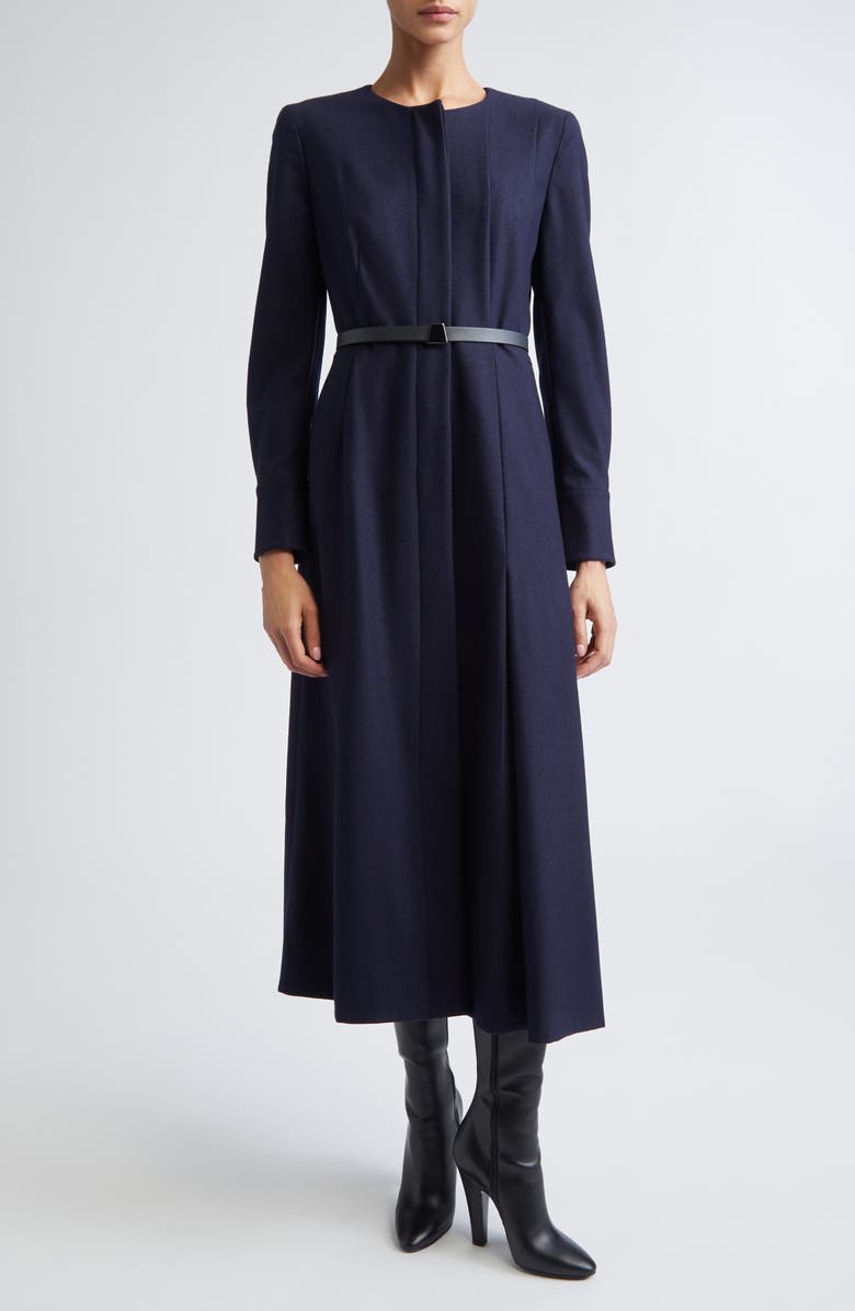 Akris Belted Long Sleeve Wool Flannel Dress, Main, color, Navy
