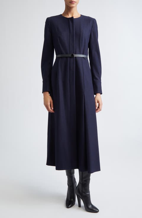 Belted Long Sleeve Wool Flannel Dress