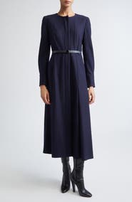 Akris Belted Long Sleeve Wool Flannel Dress