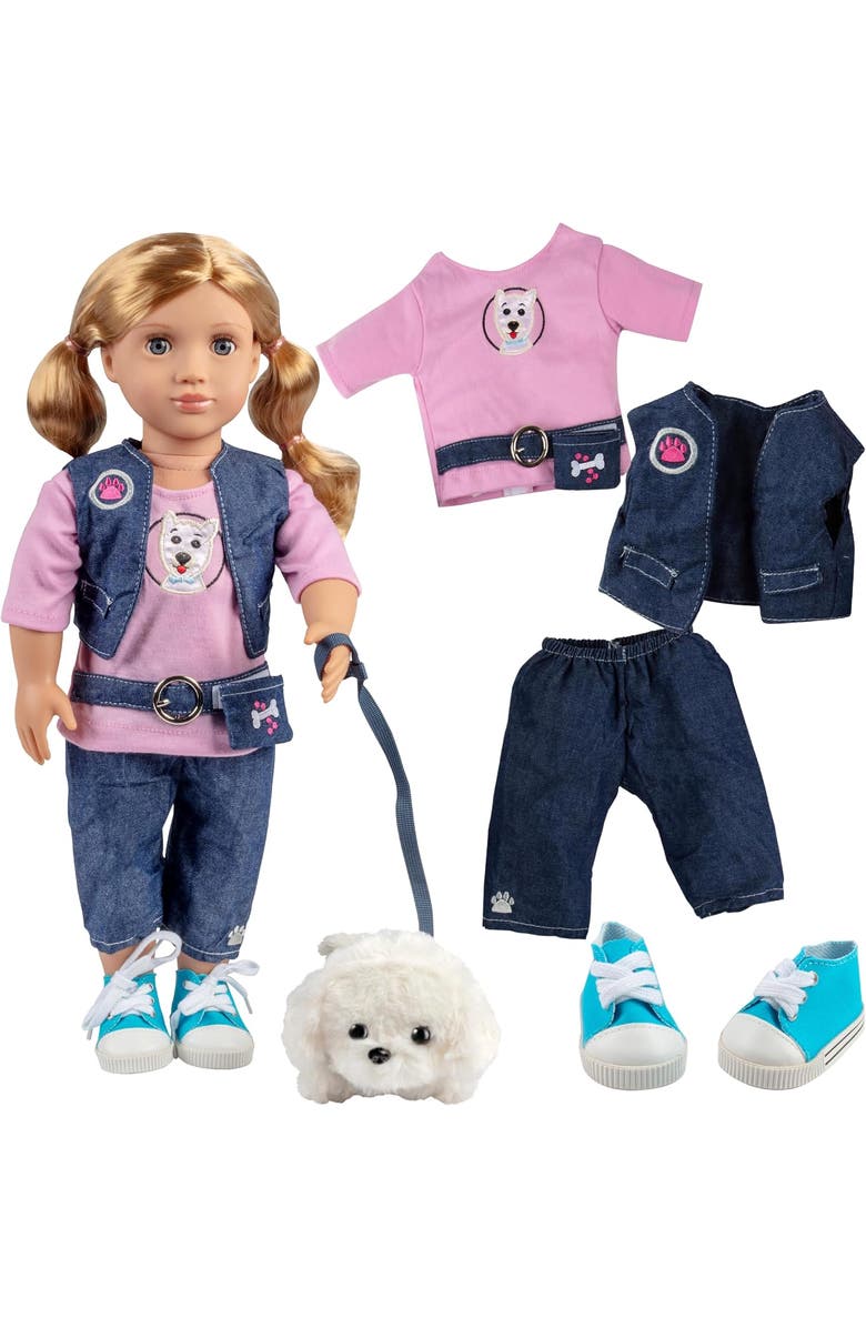 Dress Along Dolly 7pc Dog Walker Outfit w Pet Puppy- 18" Doll Clothes & Accessories Compatible w American Girl Dolls, Main, color, Blue