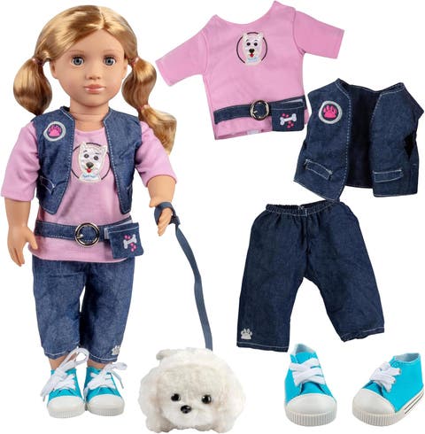 7pc Dog Walker Outfit w Pet Puppy- 18" Doll Clothes & Accessories Compatible w American Girl Dolls