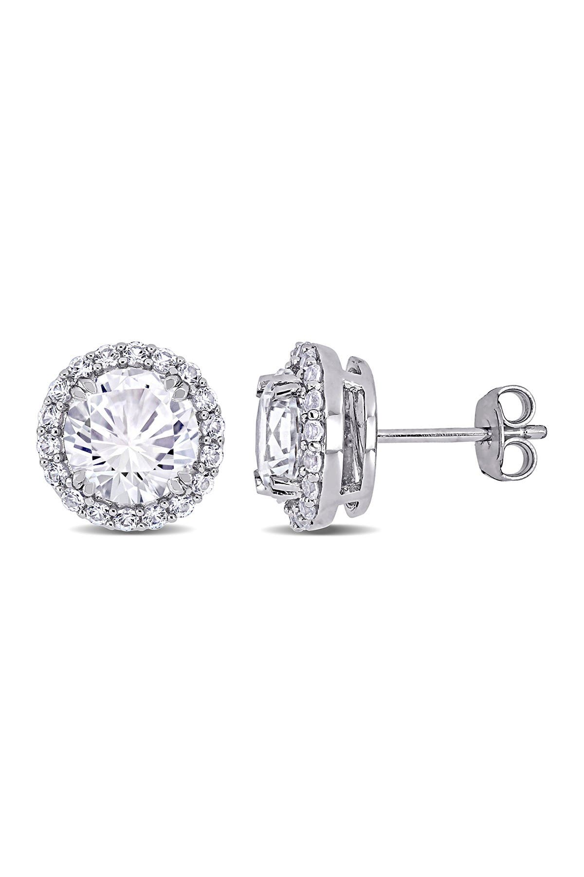 DELMAR Sterling Silver Lab Created White Sapphire Halo Stud Earrings ...