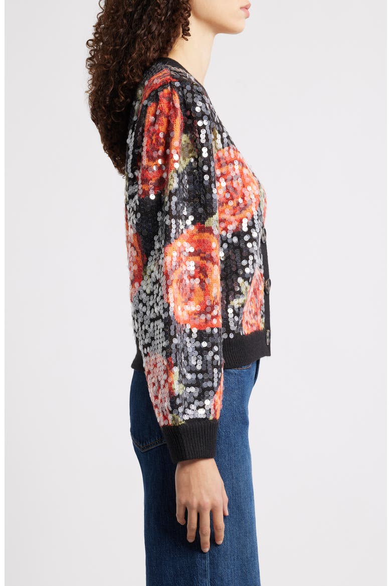 Latin Roses Sequin Knit Cardigan, Alternate, color, BLACK