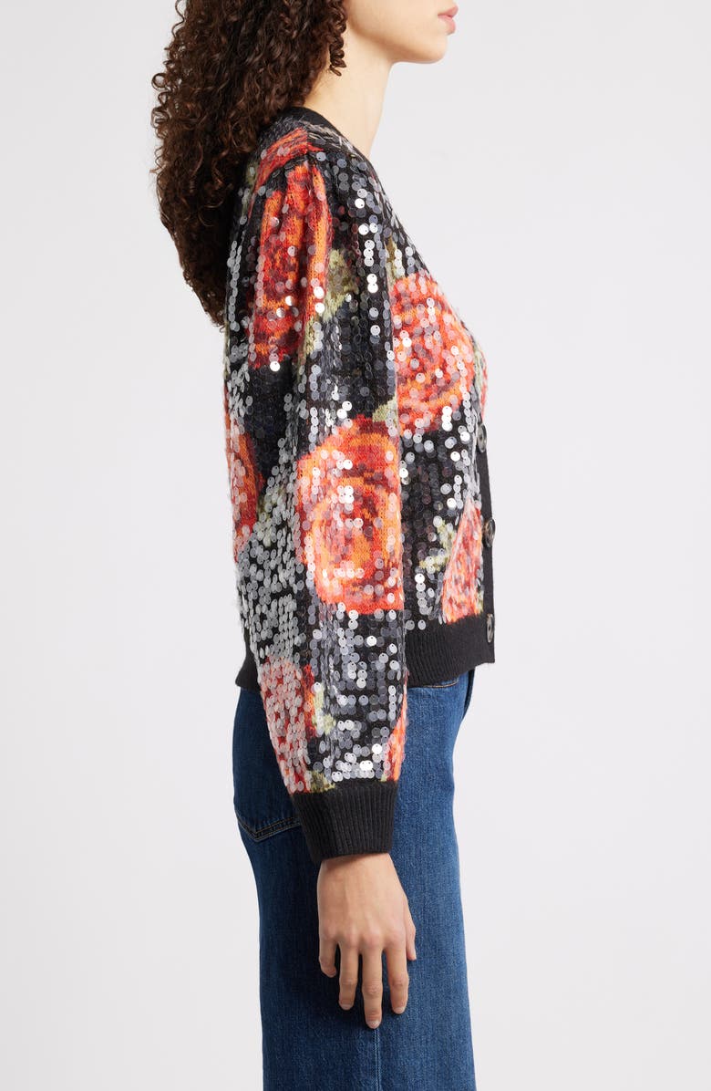 FARM Rio Latin Roses Sequin Knit Cardigan, Alternate, color, Black