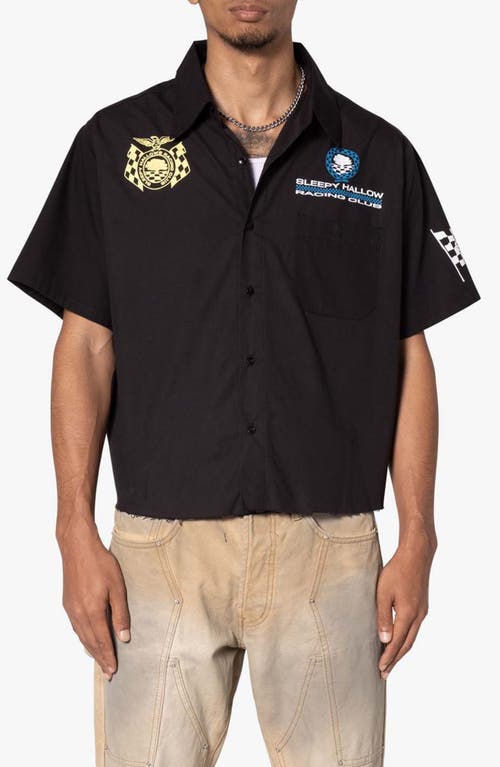 Mnml Shrc Pit Crew Fray Hem Crop Button-up Shirt In Black