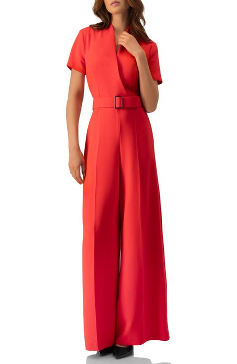 Red Wide-Leg Belted Jumpsuit