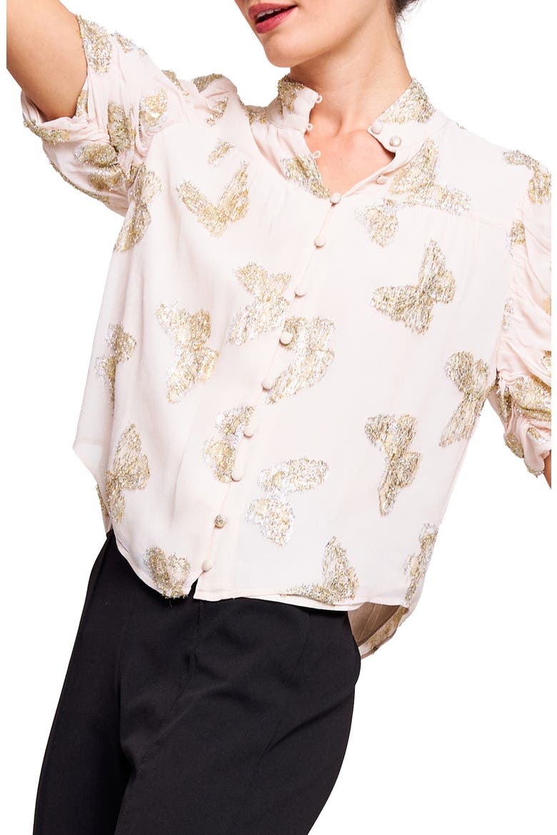 Maggie Metallic Ruched Sleeve Shirt, Alternate, color, CREAM