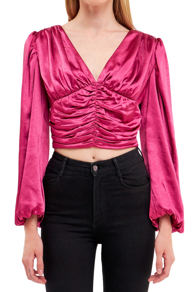 Ruched Satin Crop Top, Main, color, BERRY