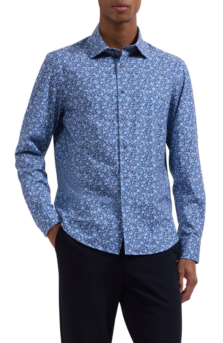 Bugatchi James OoohCotton<sup>®</sup> Floral Print Button-Up Shirt, Main, color, Cobalt