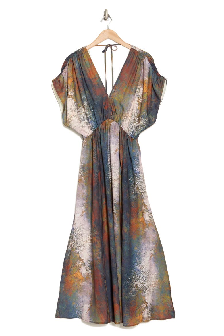 Puff Sleeve Drop Waist Side Slit Maxi Dress, Alternate, color, BLUE MULTI