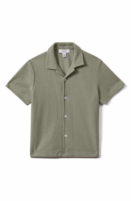 Reiss Kids' Gerrard Sr. Textured Short Sleeve Cotton Knit Button-Up Shirt