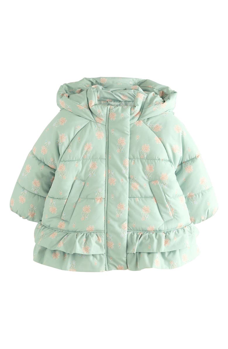 NEXT Kids' Floral Print Ruffle Hem Puffer Jacket, Main, color, Green