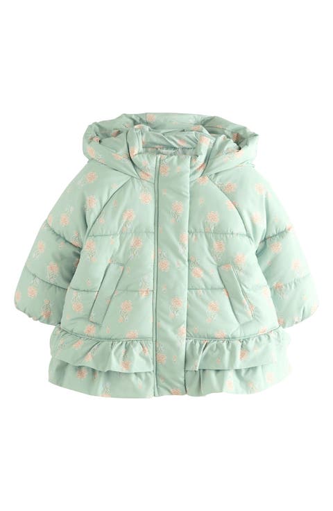 Kids' Floral Print Ruffle Hem Puffer Jacket