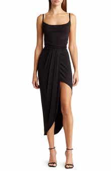 GO COUTURE Cowl Neck Asymmetric Slit Dress