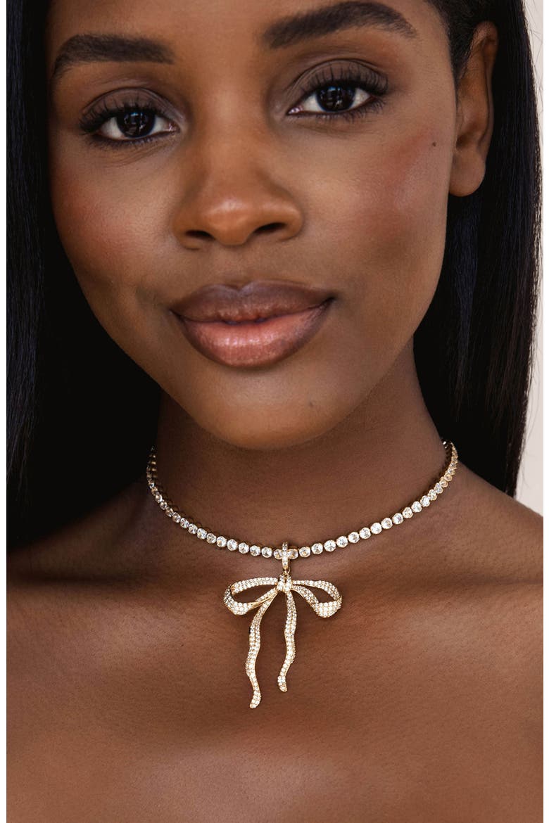 Pavé Bow Tennis Necklace, Alternate, color, GOLD
