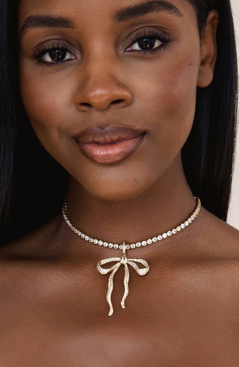 Ettika Pavé Bow Tennis Necklace, Alternate, color, Gold