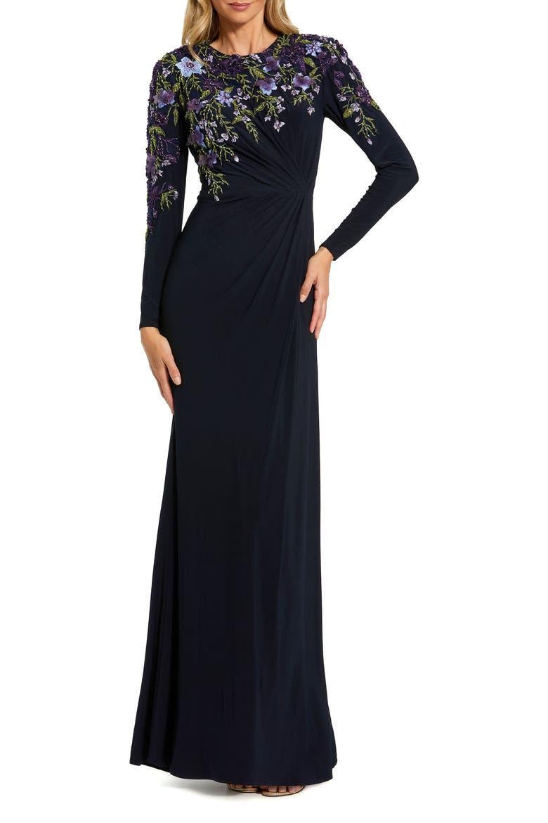 Embellished Long Sleeve Fitted Jersey Gown, Main, color, Midnight