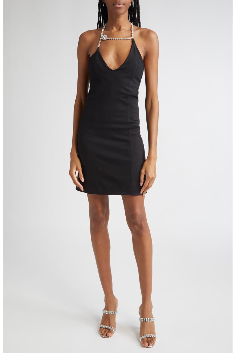Crystal Halter Neck Ponte Knit Minidress, Main, color, BLACK
