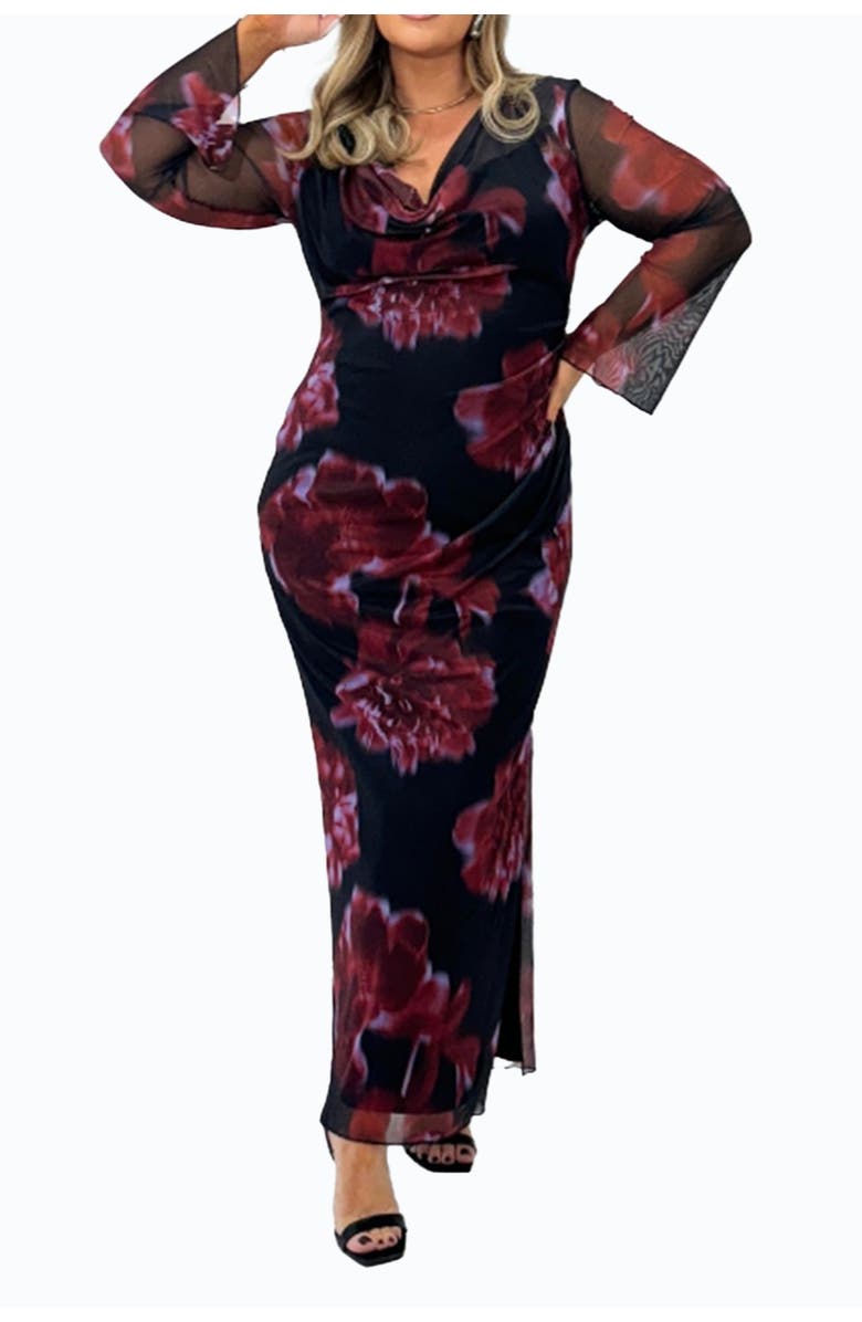 FASHION-SZN CURVE Cowl Neck Mesh Flare Sleeve Maxi Dress, Alternate, color, Burgundy