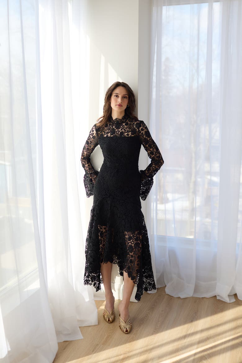 Leila High Neck Lace Dress, Alternate, color, Black