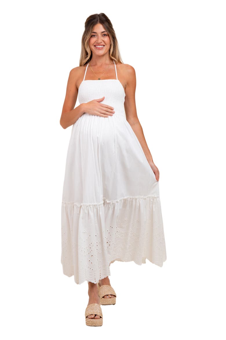 Smocked Open Back Lace Hem Maxi Dress, Main, color, White