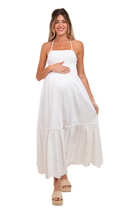 Smocked Open Back Lace Hem Maxi Dress